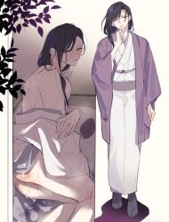 1boy after_sex black_hair cum cum_in_ass full_body half-closed_eyes haori highres japanese_clothes kimono long_hair male multiple_views obi original otoko_no_ko partially_undressed purple_haori saliva_drip sash spanked standing tabi white_kimono yunikuso