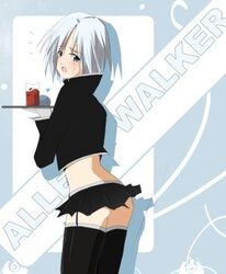 1boy allen_walker ass crossdressing d.gray-man femboy girly lowres male male_only skirt solo thighhighs white_hair