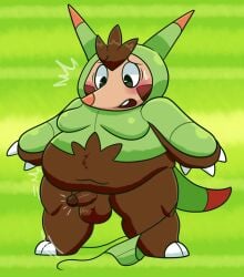 2025 anthro balls belly big_belly blush brown_body generation_6_pokemon genitals green_background hi_res male moobs nintendo overweight overweight_male penis pokemon pokemon_(species) quilladin simple_background sinribbons solo surprised