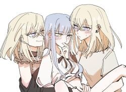 bang_dream! bang_dream!_it's_mygo!!!!! black_dress blue_hair blush bottomless chinese_commentary closed_mouth clothes_lift commentary_request doloris_(bang_dream!) dress dual_persona ear_blush fff_threesome finger_in_another's_mouth fingering group_sex highres kira_reader long_hair long_sleeves misumi_uika navel out-of-frame_censoring purple_eyes shirt shirt_lift short_sleeves simple_background smile spread_legs sweatdrop threesome togawa_sakiko white_background white_shirt yellow_eyes yuri