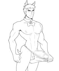 censored collar dc dcau dog_ear_headband dog_tail justice_league justice_league_vs._the_fatal_five line_art male_only mosaic_censoring muscular muscular_male solo solo_focus solo_male standing thom_kallor thong thong_pull uncolored yuunsfw