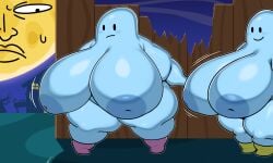 2girls areolae ass boots breasts cleavage female female_focus female_only fence ghost ghost_girl hips hyper hyper_breasts inverted_nipples large_ass large_breasts moon multiple_girls nintendo nipples nude nude_female rhythm_heaven rhythm_heaven_groove thick_thighs thighs wide_hips x_no_na_x yosioka_san