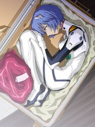 1girls blue_hair bodysuit bondage box breasts clothing encasement female gainax human in_box in_container luggage neon_genesis_evangelion pale-skinned_female pale_skin pilot_suit plugsuit rei_ayanami short_hair small_breasts solo suitcase suitcase_bondage