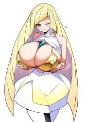 1girls absurdres big_breasts bikini blonde_hair breasts gold_bikini green_eyes highres huge_breasts large_breasts lusamine_(pokemon) nintendo pokemon pokemon_sm swimsuit tea_texiamato tiamat_(momokuri_mannen)