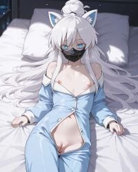 ai_generated black_mask blue_eyes blush cat_ears cat_tail colored_eyelashes deux_murasame dildo_under_mask female freckles grey_hair gundam gundam_gquuuuuux hair_bun highres long_hair mask masked mouth_mask nimona1491_(artist) petite purple_pupils pussy shoulder_blades simple_background updo white_background white_eyelashes white_hai