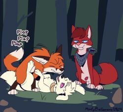 absurd_res ambiguous_gender ambiguous_penetrated bared_teeth between_legs blue_eyes canid canine closed_eyes closed_smile fangs feral feral_on_feral feral_penetrated feral_penetrating feral_penetrating_feral floppy_ears forest fox fur group hair hi_res lying male male/ambiguous male_penetrating male_penetrating_ambiguous mammal martin_ballamore martinballamore mouth_closed narrowed_eyes obscured_penetration on_back open_mouth orange_body orange_fur orange_hair outside penetration pink_eyes plant red_body red_fur red_hair sex shrub side_view smile teeth tree trio voyeur white_body white_fur white_hair