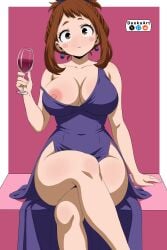 absurdres blush_stickers boku_no_hero_academia breasts brown_eyes brown_hair cup dress drinking_glass dunkuart female highres nipples purple_dress sitting solo uraraka_ochaco wine_glass