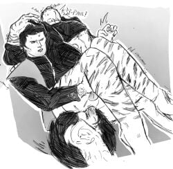 bite bite_mark_on_nipple black_fur black_hair calling_out_name captain_black captain_scarlet cat_tail clothed_sex conrad_turner cum_in_ass cum_on_penis gay gay_anal gay_domination gay_sex gray_background grayscale hand_in_hair hand_on_head head_back head_thrown_back hero_and_villain moaning moaning_in_pleasure no_pants on_lap paul_metcalfe scars_all_over scars_on_arm scars_on_thighs self_harm_scars spectishorny tail tail_around_leg tounge_out ts_gay