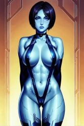 ai_generated areola_slip areolae ass_visible_through_thighs black_hair blue_eyes blue_hair blue_skin breasts choker collarbone cowboy_shot female large_breasts lips short_hair solo thigh_gap