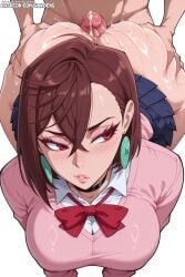 2024 ai_generated ayase_momo big_breasts breasts breasts breasts brown_hair brown_hair brunette_hair dandadan large_breasts lips makeup momo_ayase red_eyes stable_diffusion tagme uncensored wardens watermark