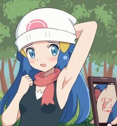 arm_up armpit_fetish armpit_focus armpits bare_arms bare_shoulders blue_eyes blue_hair blush breasts comic dawn_(pokemon) embarrassed hairclip hat long_hair open_mouth outdoors pokemon scarf shiny_skin sleeveless_shirt small_breasts taking_picture try200277 upper_body