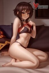1girls 2d ai_generated ass back bare_shoulders barefoot big_ass bra brown_hair collar erophoenix female female_focus full_body kono_subarashii_sekai_ni_shukufuku_wo long_hair looking_at_viewer megumin pale_skin pale_skinned_female panties patreon_username red_eyes short_hair sitting small_breasts smile soles solo thick thick_thighs uncensored underwear