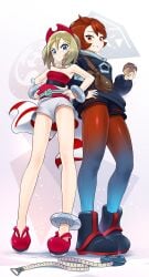 2girls absurdres anklet arezu_(pokemon) bare_legs black_footwear black_shorts boots bracelet brown_hair closed_mouth commentary from_below hairband hands_on_own_hips highres hisuian_poke_ball holding holding_poke_ball irida_(pokemon) jacket jewelry long_sleeves multiple_girls nintendo pantyhose poke_ball pokemon pokemon_legends:_arceus red_footwear red_hairband red_shirt sash shirt shoes short_hair shorts smile standing strapless strapless_shirt sweatdrop tm_(hanamakisan)