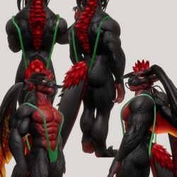 bara black_body black_skin buff dragon dragon_tail dragon_wings furry glasses green_mankini male male_only mankini mankini_ass_view moustache red_body red_skin sexy tail wings yaoi