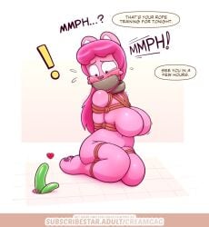 arms_behind_back arms_bound arms_tied bondage bound creamgag featureless_breasts frogtie furry imminent_sex imminent_tentacle_sex kneeling legs_tied nude panel_gag pink_body rope_bondage solo solo_female tentacle