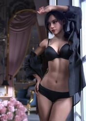 1girls 3d 3d_(artwork) 3d_model 3d_render ada_wong against_window asian asian_female black_hair black_underwear blouse bra brown_eyes button_down_shirt fit fit_female highres hourglass_figure light-skinned_female light_skin living_room mornign mrs.akanes open_blouse painted_nails panties resident_evil resident_evil_4 resident_evil_4_remake short_hair underwear window