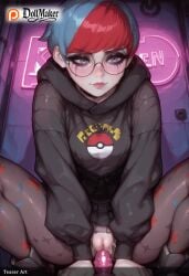 ai_generated bat_print blush cum dollmaker dollmaker_(artist) female freckles glasses heart heart_print hood hood_down hoodie multicolored_hair pantyhose patreon_logo patreon_username penis penny_(pokemon) print_legwear red_hair round_eyewear short_hair sitting star_(symbol) star_print tagme torn_legwear wariza watermark