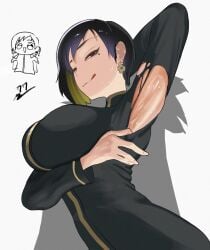 1girls armpit armpit_fetish armpits binah binah_(project_moon) breasts female huge_breasts large_breasts library_of_ruina lobotomy_corporation one_arm_behind_head one_arm_up project_moon smile smiling solo solo_female solo_focus sweat sweatdrop sweating sweaty sweaty_armpits tearing_clothes tearing_clothing tongue_out torn_clothes torn_clothing