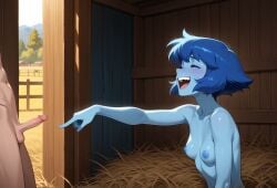 1boy 1girls ai_generated barn blue_hair blue_nipples blue_skin closed_eyes female gem_(species) lapis_lazuli_(steven_universe) laughing male open_mouth out_of_frame_male penis pointing_at_penis self_upload short_hair small_breasts stable_diffusion steven_universe teeth
