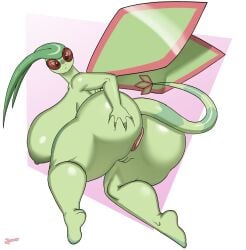 anthro anus areola ass big_breasts big_butt biped breasts cherryfox73 female flygon generation_3_pokemon hi_res huge_breasts huge_butt looking_back nintendo nipples nude pokemon pokemon_(species) pupils simple_background solo thick_thighs three-quarter_view vulva wings