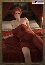 ai_generated bed bedroom breasts cd_projekt_red female freckles light-skinned_female looking_at_viewer mascara nipples_visible_through_clothing red_hair solo solo_female swsakura69 the_witcher_(series) the_witcher_3:_wild_hunt triss_merigold