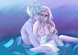 1boy, 1girl, blue_eyes, breasts, female long_hair, male medium_breasts, mermaid, monster_girl, nipples, nude, one_eye_closed, partially_submerged, water, white_hair