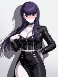 ai_generated black_dress black_jacket black_skirt blush choker cleavage drop_shadow glasses hiruko_shizuhara jacket large_breasts leather_jacket long_dress long_hair long_skirt makeup midriff nose_blush open_jacket pale-skinned_female pale_skin plain_background pulling_clothing purple_hair red_eyes scarletai_ shadow shiny_skin simple_background slim_waist stable_diffusion sweat sweatdrop the_hundred_line_-last_defense_academy- thick_thighs thight_clothing wavy_mouth white_background zipper zipper_pull_tab