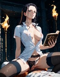 1girls ai_generated clothed_sex cowgirl_position cowgirl_position garter_straps nico_robin one_piece riding sex smiling squatting_cowgirl_position stable_diffusion stockings tagme