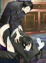 2boys anal black_hair closed_eyes clothes japanese_clothes kuroshitsuji lau multiple_boys red_eyes sebastian_michaelis short_hair tailcoat yaoi