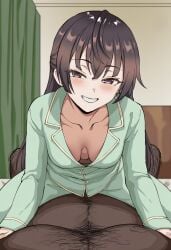 1boy 1boy1girl 1girls ai_generated aroused bed bedroom black_eyes black_hair blush cheating cheating_(relationship) cheating_female cheating_girlfriend cowgirl_position dark-skinned_male down_blouse fat_male grin hairy_male half-closed_eyes hanging_breasts indoors interracial long_hair looking_at_viewer male/female medium_breasts naughty_face netorare ntr pajamas pov room straight suou_yuki tokidoki_bosotto_russian_de_dereru_tonari_no_alya-san waroffree