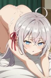 ahoge ai_generated alisa_mikhailovna_kujou ass bangs bed_sheet blue_eyes blush cum eyebrows_visible_through_hair female hair_between_eyes hair_ribbon long_hair nude on_bed open_mouth ribbon silver_hair straight tokidoki_bosotto_russian_de_dereru_tonari_no_alya-san twintails