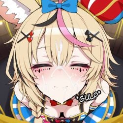 1girls after_fellatio ai_generated blonde_hair cleavage cum cum_on_hair facial fox_ears fox_girl hat hololive large_breasts omaru_polka pink_hair purple_eyes swallowing swallowing_cum virtual_youtuber
