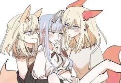 animal_ears bang_dream! bang_dream!_it's_mygo!!!!! black_dress blue_hair blush bottomless chinese_commentary closed_mouth clothes_lift commentary_request doloris_(bang_dream!) dress dual_persona ear_blush fff_threesome finger_in_another's_mouth fingering fox_ears fox_girl fox_tail group_sex highres kemonomimi_mode kira_reader long_hair long_sleeves misumi_uika navel out-of-frame_censoring purple_eyes shirt shirt_lift short_sleeves simple_background smile spread_legs sweatdrop tail threesome togawa_sakiko white_background white_shirt yellow_eyes yuri