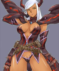 armor belt breasts cameltoe cleavage clitoris clitoris_slip dark-skinned_female dark_skin elbow_gloves fat_mons female gloves gus_(clarkii) legs monster_hunter monster_hunter_frontier nipple_slip nipples pointy_chin pussy pussy_peek shoulder_pads silver_hair solo thighs uncensored yellow_eyes