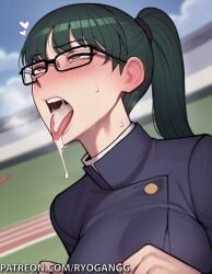 1female 1girls 2d 2d_(artwork) ai_generated brown_eyes cum cum_in_mouth cum_on_tongue glasses green_hair jujutsu_kaisen maki_zenin patreon patreon_username pov presenting_cum ryogangg school_uniform tongue tongue_out uniform zenin_maki