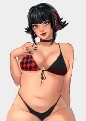 1girls 2d bikini black_hair cleavage facing_viewer female fortnite fortnite:_battle_royale goth looking_at_viewer morgan_myst_(fortnite) nail_polish necklace red_hair two_piece_swimsuit