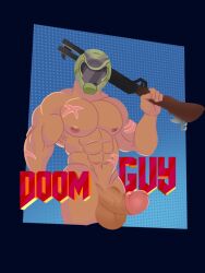 (artist_adonis_amour) bara bara_tiddies bara_tits doom doom_slayer_(doom) gay large_penis mask weapon