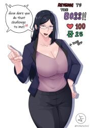 1girl 2d_artwork angry angry_expression angry_face beauty_mark beauty_mark_under_mouth blouse breasts_bigger_than_head brown_hair brunette_hair brunette_hair_female cleavage collarbone dark_hair english_text female female_focus female_only frown frowning frowning_at_viewer glasses glasses_on_face hand_on_hip huge_breasts jacket long_hair mana_(yonda545) mole mole_under_mouth open_mouth pale-skinned_female pale_skinned_female pants pointing pointing_at_viewer purple_eyes shiny_hair shouting straight_hair straight_hair_female twitter twitter_strip_game word_balloon yonda545