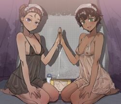 2girls bow_(bhp) dark-skinned_female dress female gundam gundam_gquuuuuux hair_bun indian indian_female inviting_to_bath kanchana lotion maid_headdress nipples_visible_through_clothing petite see-through_clothing short_hair tagme tomboy translucent_clothing vani_(gundam)
