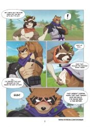 abs absurd_res anthro black_nose brown_body brown_fur bulge canid canine colored comic duo epic_games facial_piercing fortnite fur hajime_(fortnite) hi_res kusunagi male mammal muscular muscular_anthro muscular_male nose_piercing nose_ring piercing procyonid raccoon raccoon_dog ring_piercing rufus_(fortnite) speech_bubble tanuki white_body white_fur