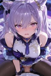 1boy1girl 1girls ai_assisted blush breasts clowenqq detached_sleeves dress female female_focus from_above genshin_impact keqing_(genshin_impact) legs_spread long_hair looking_at_viewer looking_up male/female male_penetrating male_penetrating_female no_panties open_mouth pantyhose penetration penis penis_in_pussy pink_eyes purple_hair pussy sex spread_legs thighs uncensored vaginal_penetration vaginal_penetration vaginal_sex