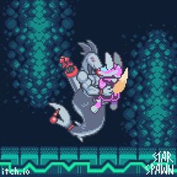 animated anthro canid canine duo fennec_fox fish fox male male/male mammal marine merfolk mustar_(star_spawn) ses_vanbrubles skewer split_form star_spawn true_fox underwater water zero_gravity