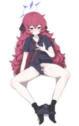 bar_censor black_eyes black_panties black_shirt black_socks blue_archive blush censored closed_mouth collared_shirt female female_pubic_hair from_above full_body halo highres iroha_(blue_archive) long_hair lying necktie no_shoes on_back panties panties_around_ankles panty_pull pubic_hair purple_halo pussy_juice red_hair red_necktie shirt short_sleeves simple_background socks solo spread_legs unamaso underwear white_background young