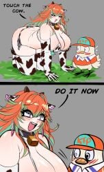 big_breasts cow_bikini cow_print hololive hololive_english hololive_myth huge_breasts peagade takanashi_kiara thick_thighs touch_the_cow_do_it_now virtual_youtuber