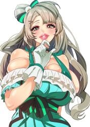 ash_hair big_breasts big_lips bimbo bimbo_lips breasts_out_of_clothes choker gero_1992 green_dress hair_ornament idol lipstick love_live! love_live!_school_idol_project minami_kotori plump_lips ribbons thick_lips thin_waist yellow_eyes