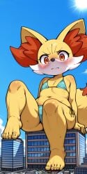 1girls 5_toes anthro bikini blush building city female fennekin foot_up giantess heat looking_down macro navel pokemon pokemon_(species) sitting sitting_on_building smaller_female solo stomping