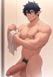 ai_generated ao_no_exorcist balls big_penis male_only muscular_male okumura_rin pubic_hair shower solo solo_focus solo_male standing towel wet_body
