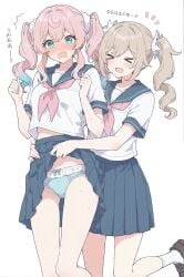 2girls barbara_(genshin_impact) closed_eyes embarrassed female female_only genshin_impact gradient_hair honkai:_star_rail hyacine_(honkai:_star_rail) laughing long_hair panties pink_hair school_uniform skirt_lift small_breasts surprised turquoise_eyes twintails