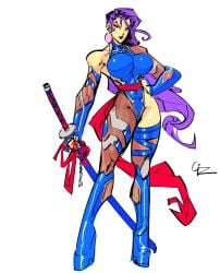 asymmetrical_bodysuit asymmetrical_legwear bimbo blue_bodysuit bodysuit bolt_on_tits breast_implants earrings fishnets gizmotic implants impossible_clothes large_breasts marvel platform_footwear psylocke purple_eyeliner purple_eyes sheathed single_leg_bodysuit sword taimanin_(series) taimanin_suit x-men