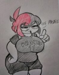 ahoge big_breasts big_thighs black_hair boss_(thelittlenerdys) dialogue dress dressed glasses huge_breasts huge_thighs nerd nerdy nerdy_female pencil_(artwork) rand0m_293 red_hair short_hair short_pants shortstack spanish_dialogue spanish_text twitter_user_sona two-tone_hair two_tone_hair